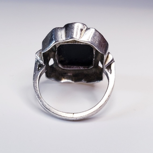 Vintage Art Deco Style Black Onyx & Marcasite Cocktail Ring Sz4 - Picture 7 of 7